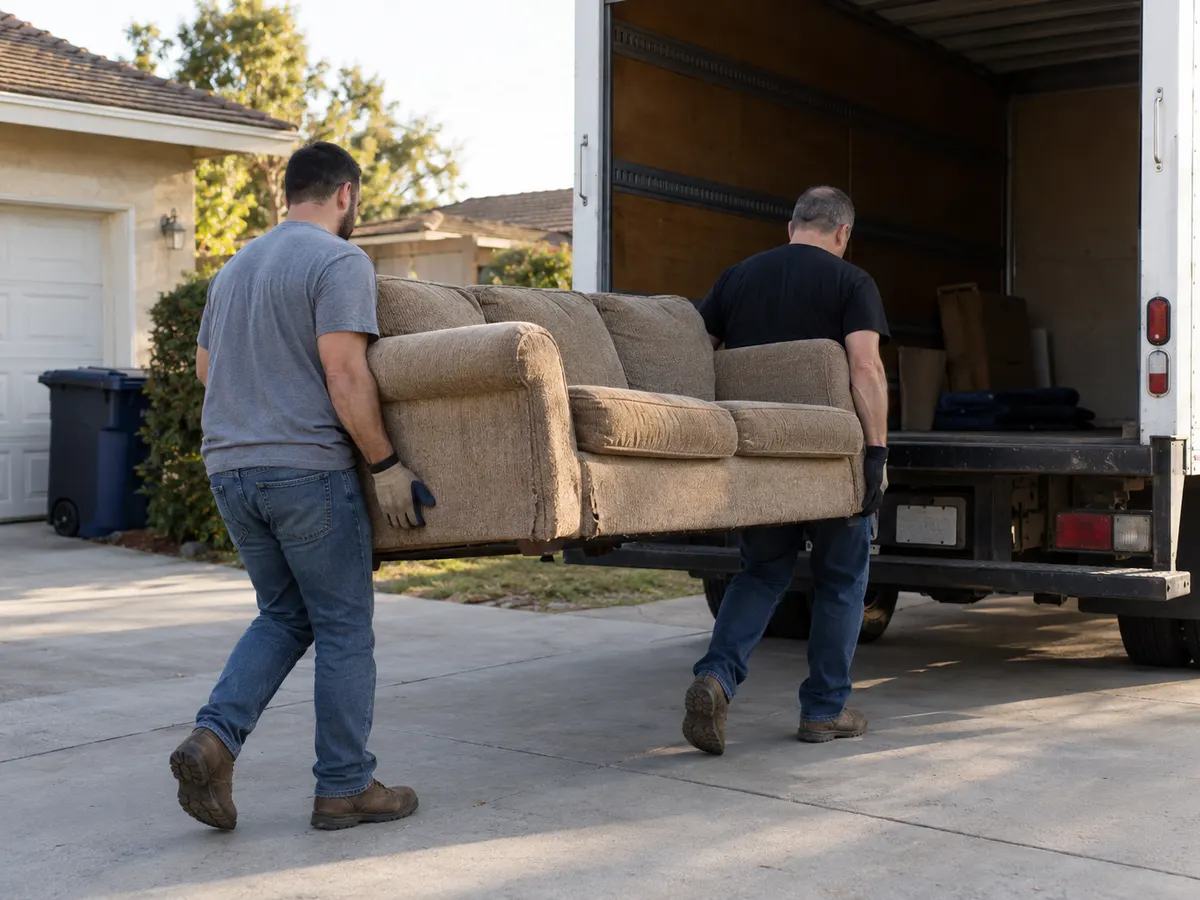 Two workers in plain clothes carrying a sofa to a white truck during a junk removal pickup