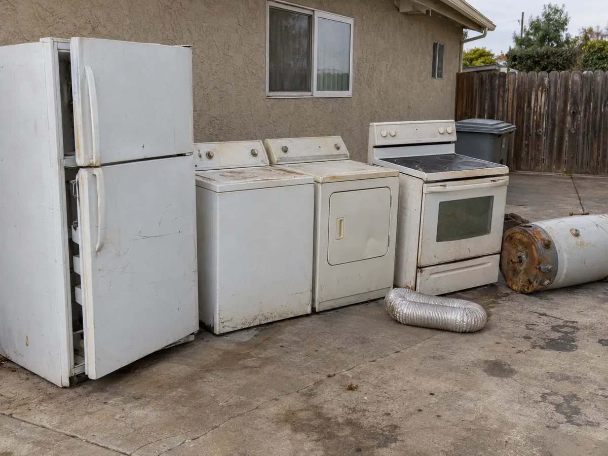 Old refrigerator, washer, dryer, stove and water heater lined up beside a house for appliance removal