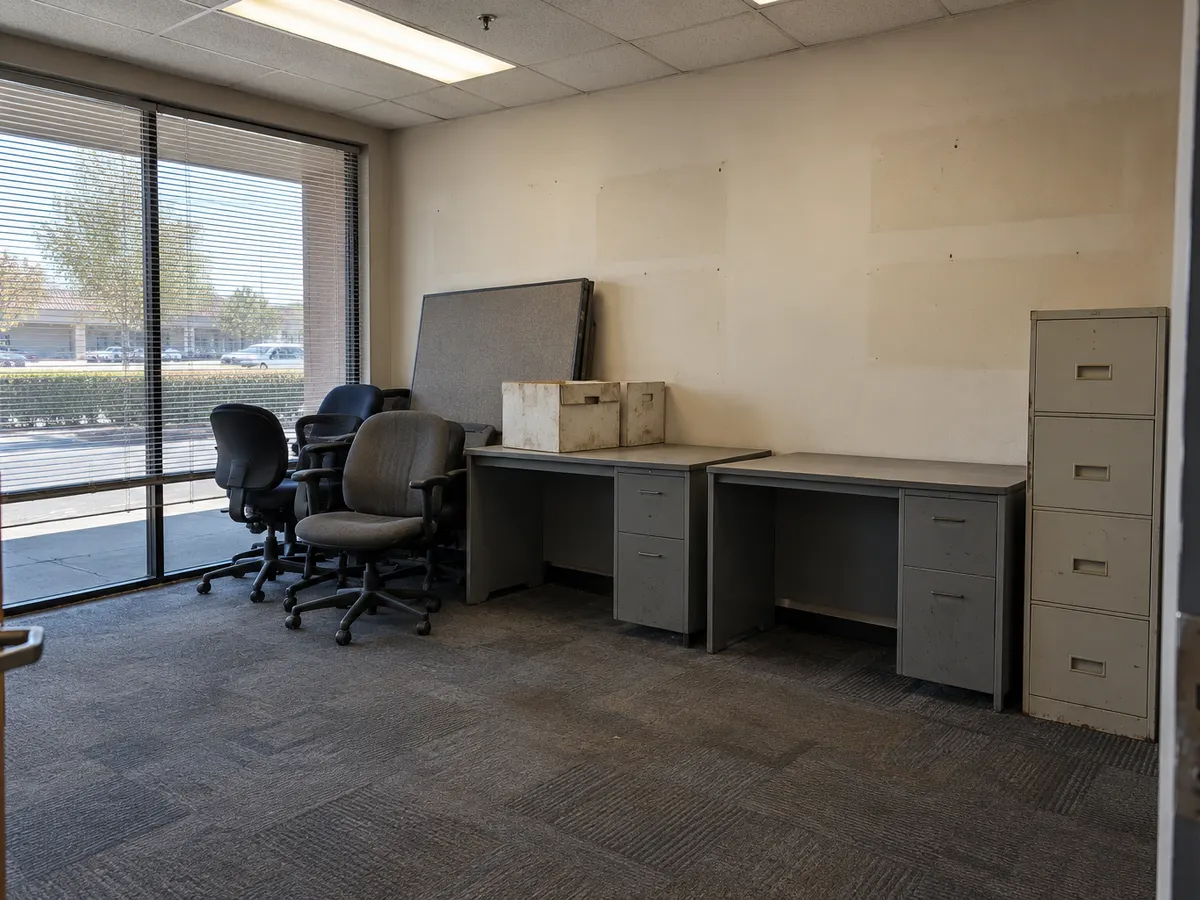 Vacated office with metal desks, a filing cabinet, office chairs and a cubicle panel ready for commercial junk removal