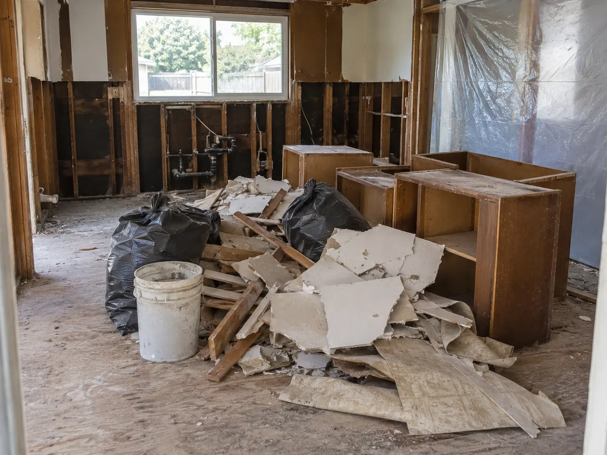 Gutted kitchen during a remodel with drywall, old cabinets, flooring and bags of debris ready for removal