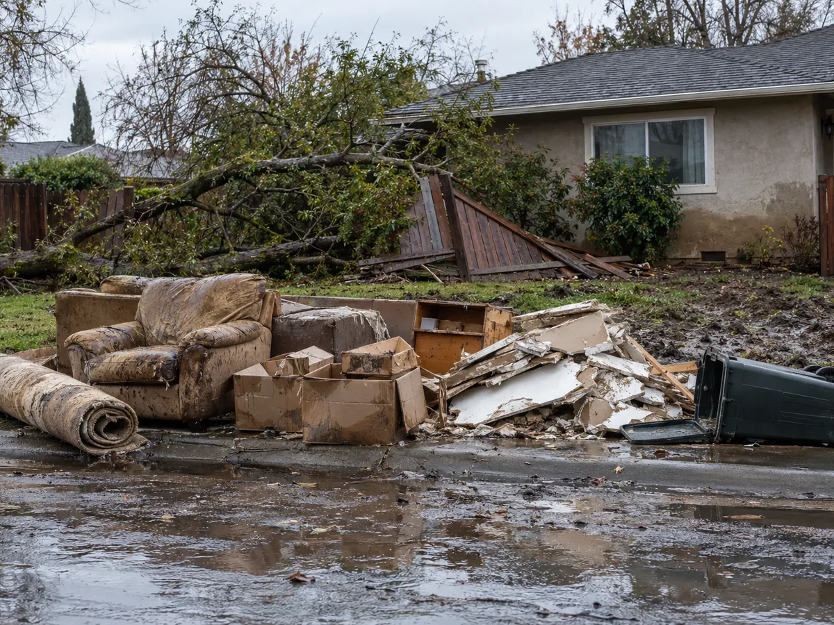 Storm debris at the curb with a fallen tree limb, muddy couch, wet carpet and drywall in front of a house