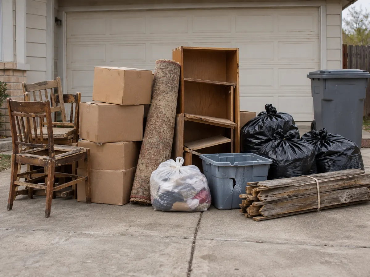 Chairs, boxes, a rolled rug, a broken bookshelf, bags and old fence boards stacked on a driveway for a dump run