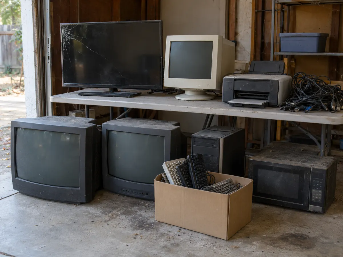 Old CRT televisions, a cracked flat-screen, a computer, a printer and cables stacked in a garage for e-waste removal