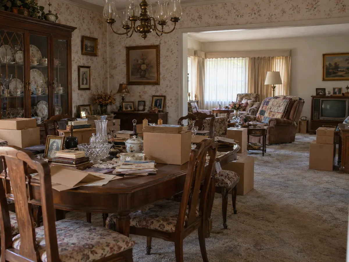 Dining room and living room full of furniture, boxes and keepsakes ahead of an estate cleanout