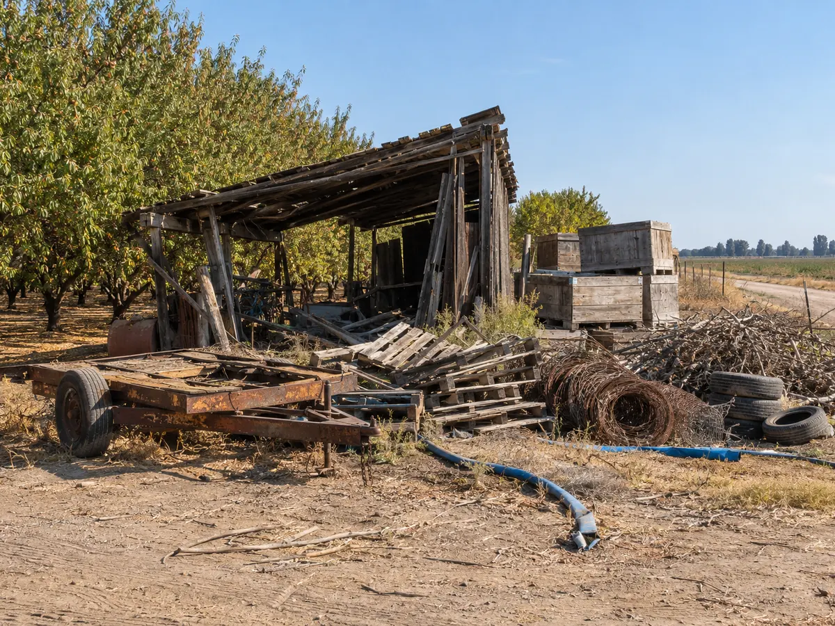 Collapsed barn shed, rusty trailer, pallets, wire coils, tires and pruning piles beside an orchard for farm cleanup