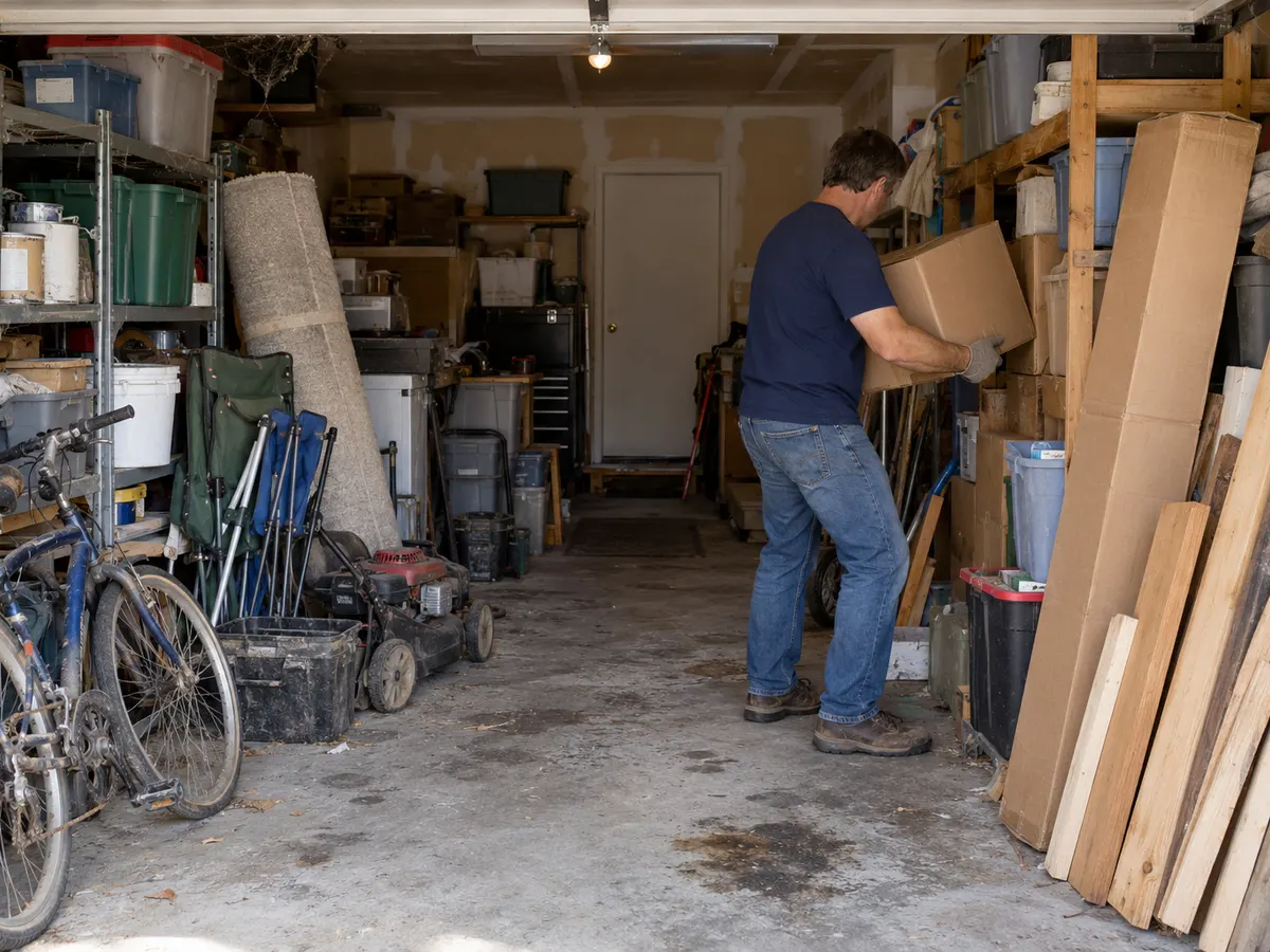 Worker moving a box in a packed garage with shelves, a bike, a lawn mower and lumber during a garage cleanout