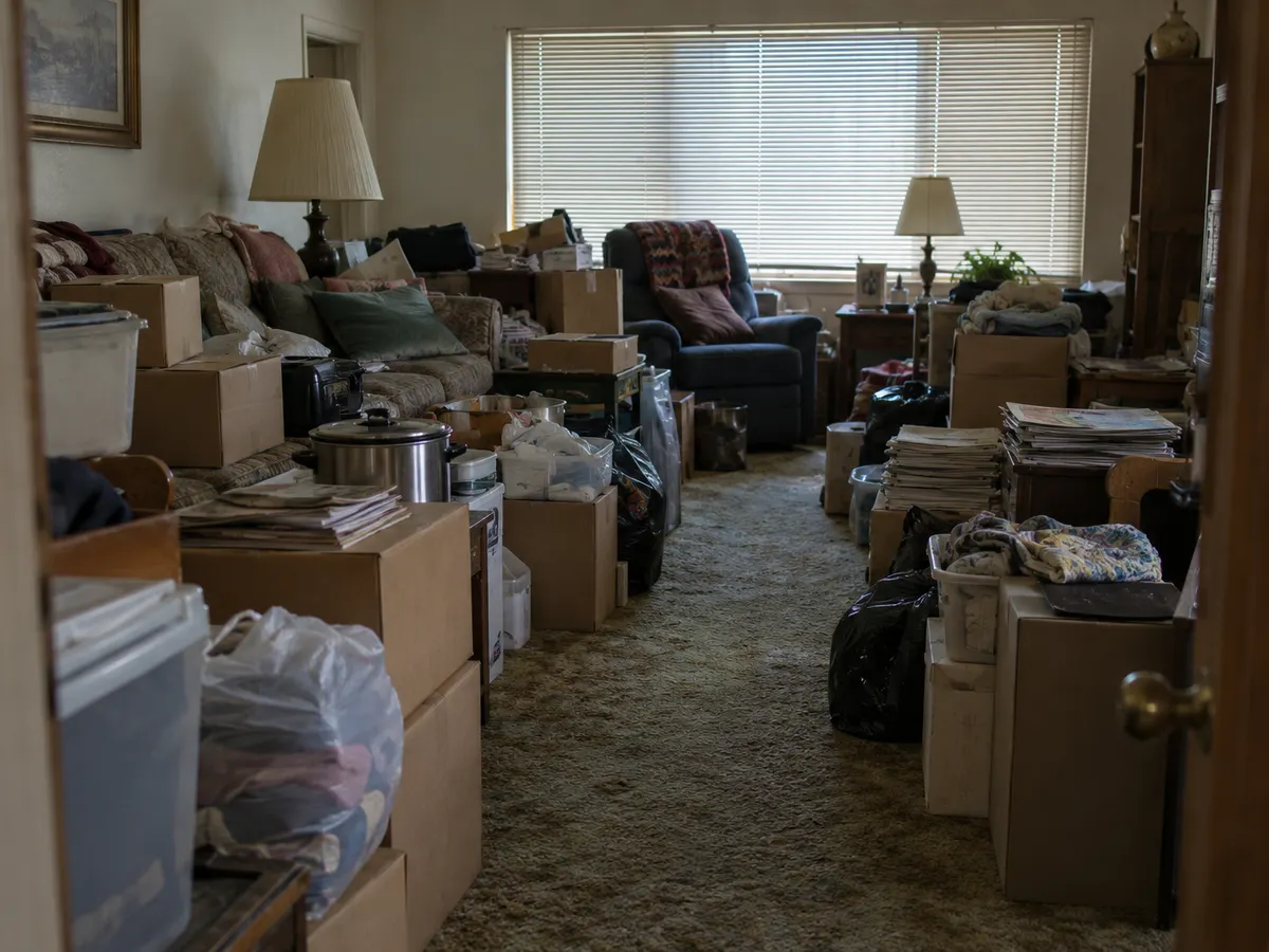 Living room filled with stacked boxes, bags and papers with a narrow path through it, ahead of a heavy-clutter cleanout