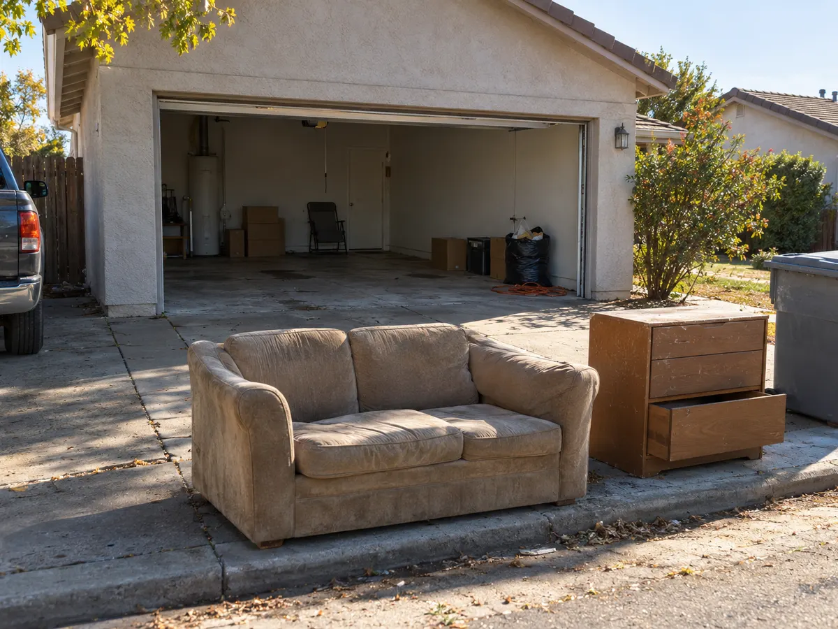 Old sofa and dresser at the curb outside a Yuba City garage, ready for junk removal