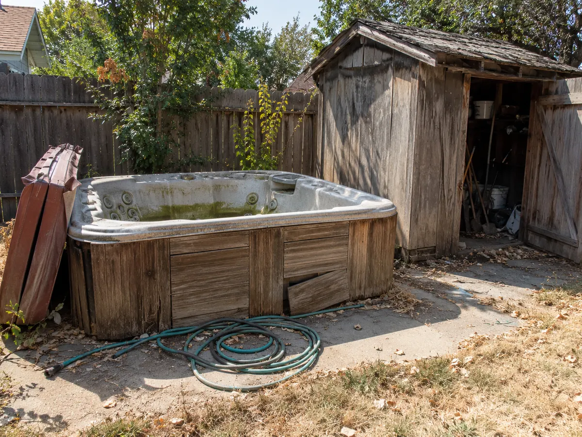 Old wooden hot tub with its cover leaning beside a weathered garden shed in a backyard awaiting removal