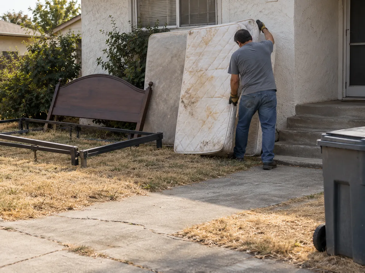 Worker lifting a stained mattress leaning against a house beside a box spring and metal bed frame for mattress removal