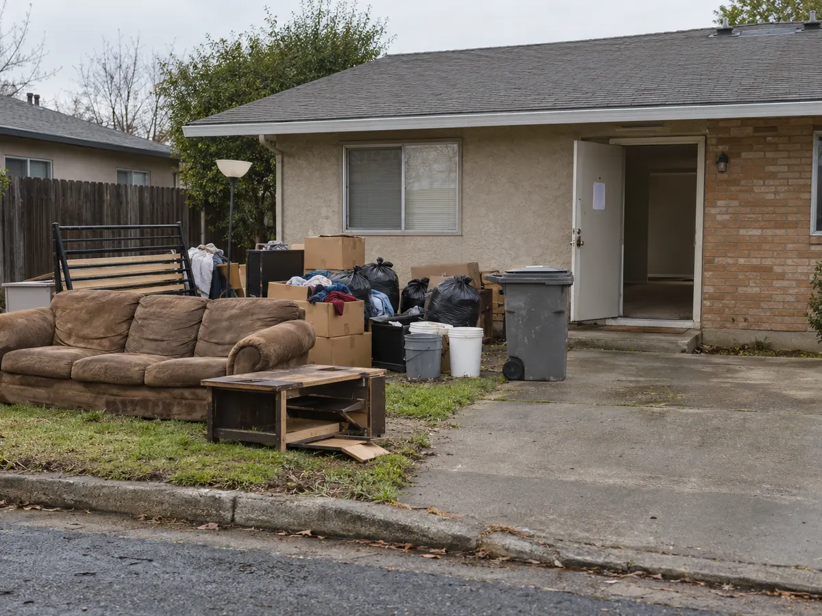 Couch, bed frame, boxes and trash bags left on the lawn and driveway of a rental after a move-out