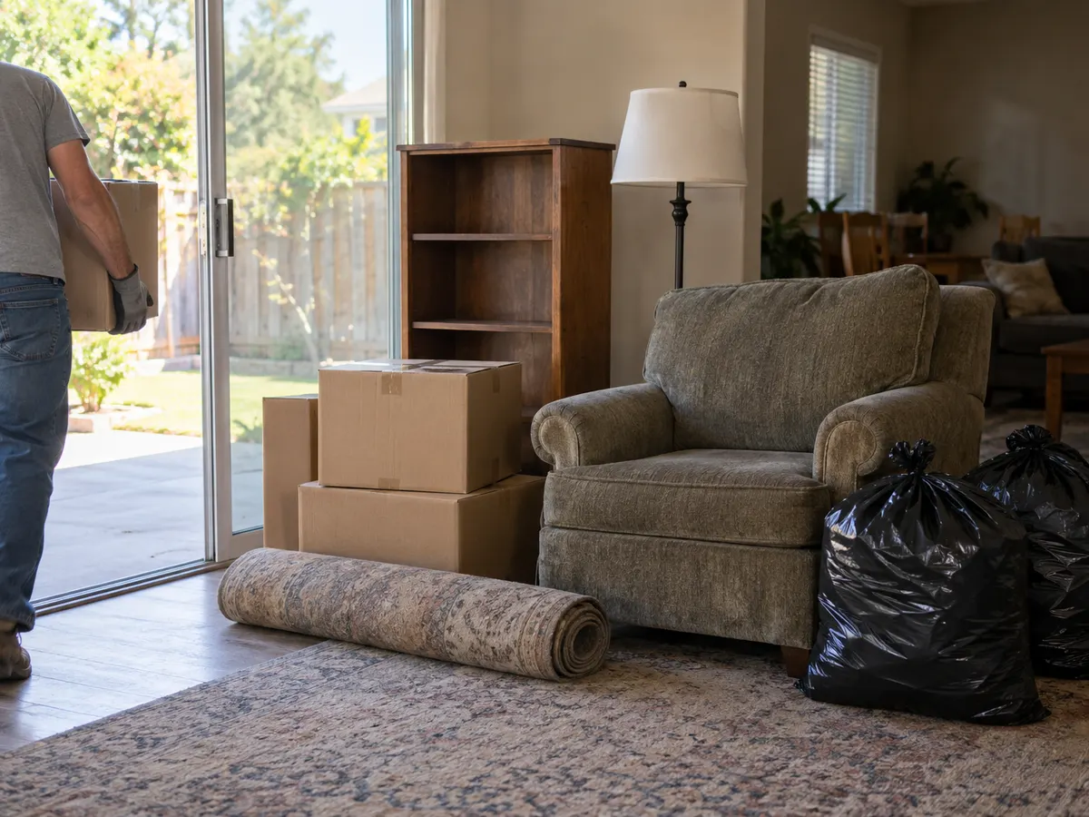 Worker carrying a box out of a living room where an armchair, boxes and bags are gathered for household junk removal