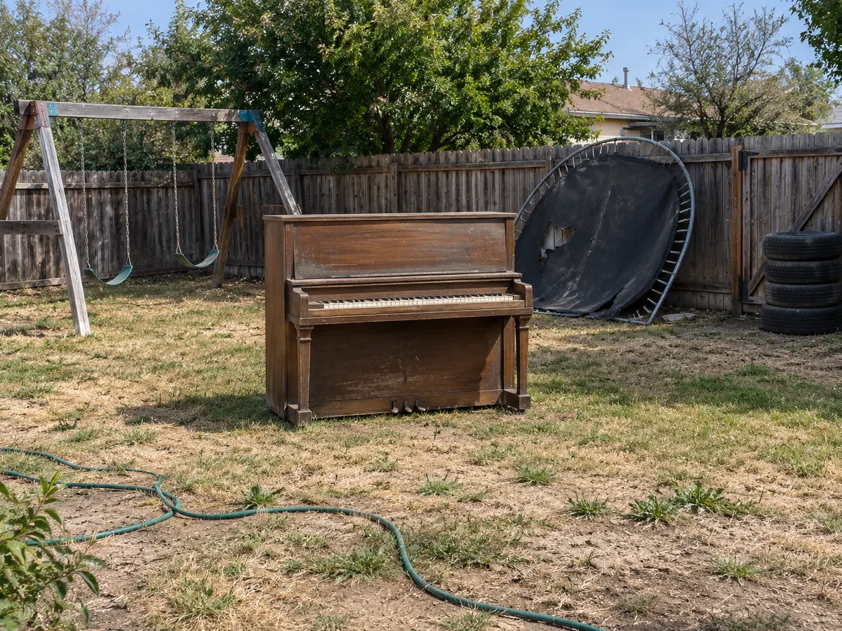 Old upright piano, swing set, trampoline and stacked tires in a backyard awaiting specialty junk removal
