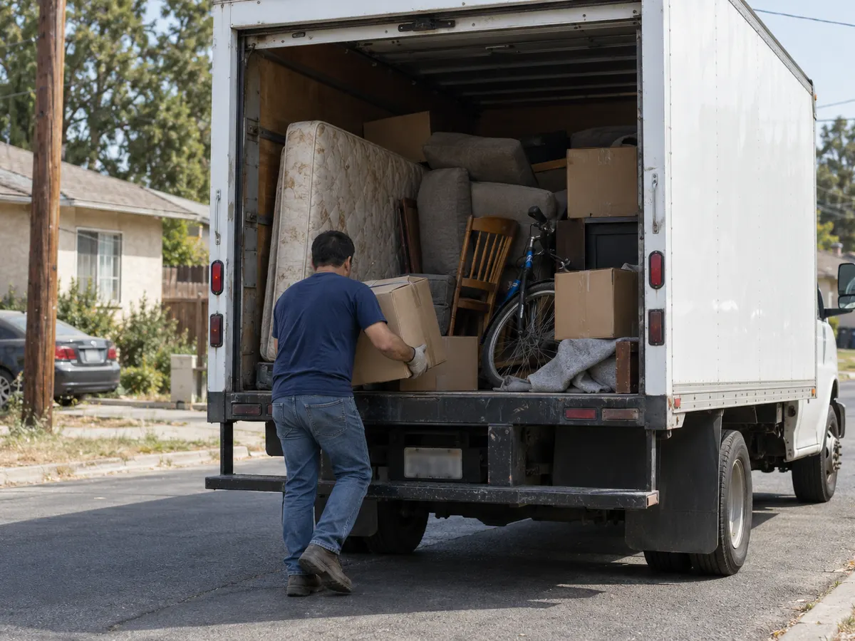 Worker loading a box into a white truck packed with a mattress, chair and furniture for removal