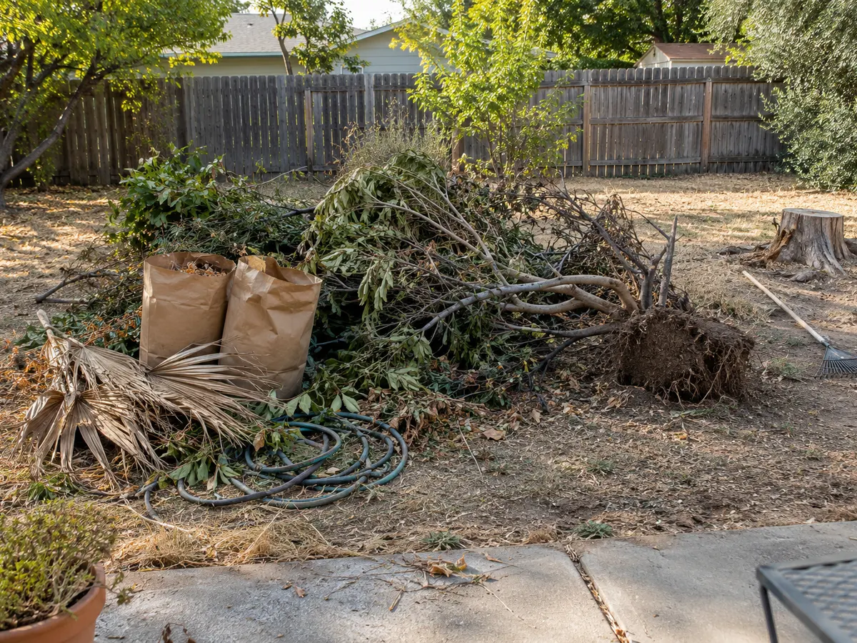 Pile of branches, an uprooted shrub, palm fronds and paper yard bags in a backyard for yard waste removal